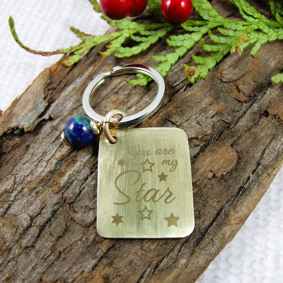 Keyring, Hammered Brass Tag with Engraved Message and Chrysocolla Gemstone