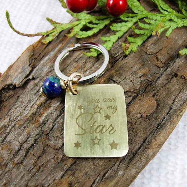 Keyring, Hammered Brass Tag with Engraved Message and Chrysocolla Gemstone