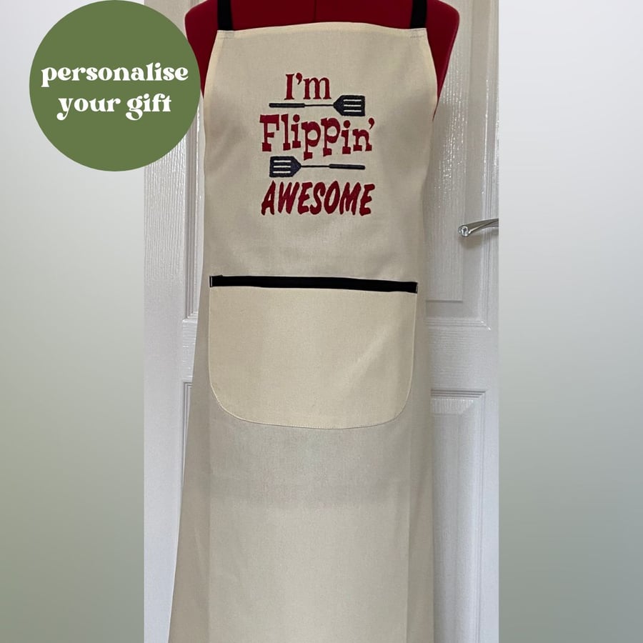 Chef Style Apron In Cream Embroidered with 'I'm Flippin' Awesome'