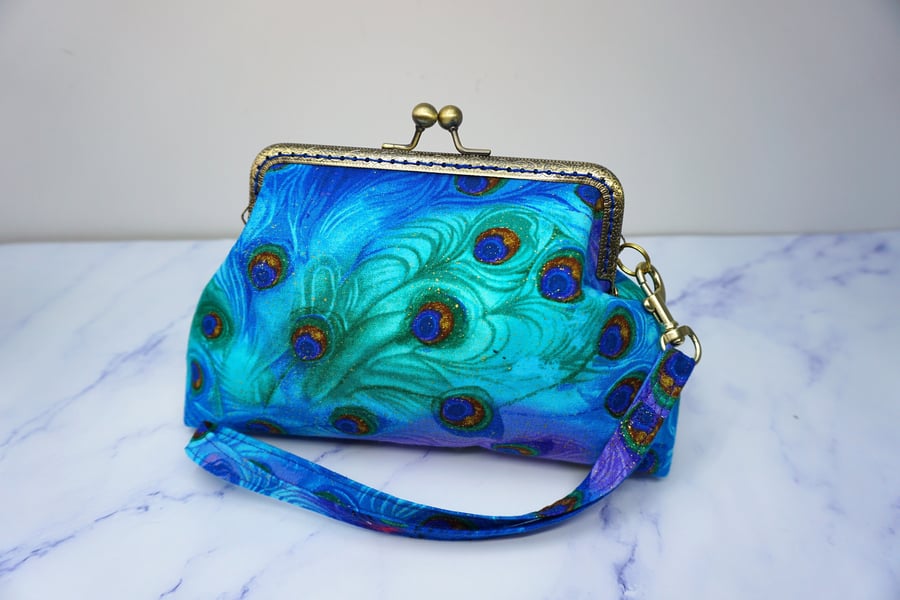 Kiss clasp purse, peacock purse, small clutch, evening bag, peacock feather purs