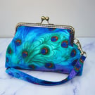 Kiss clasp purse, peacock purse, small clutch, evening bag, peacock feather purs