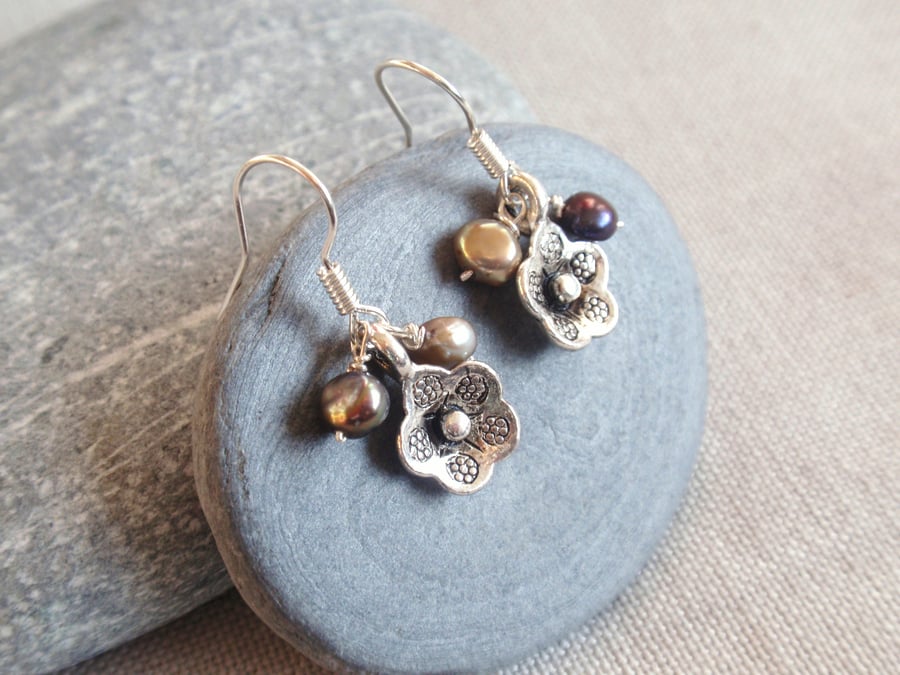 Silver Flower Earrings with neutral freshwater pearls