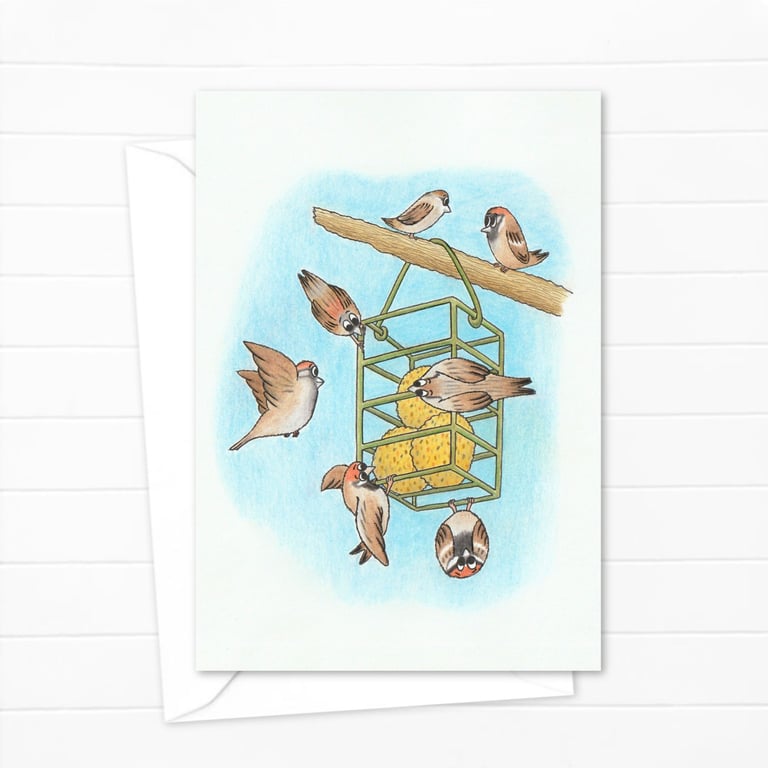 Garden Sparrows Greeting Card: Original Pencil Illustration (208)