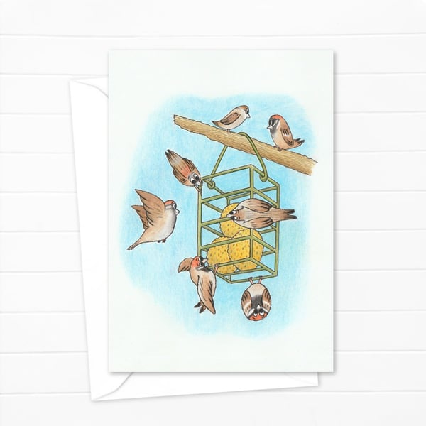 Garden Sparrows Greeting Card: Original Pencil Illustration (208)