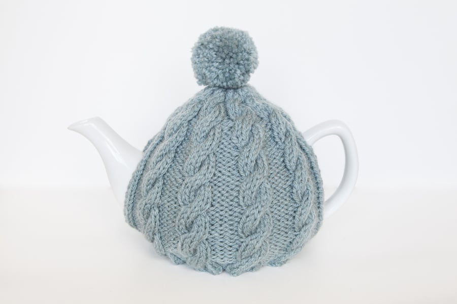 Blue hand knit tea cosy - Pom pom tea cosy - Teapot cover & warmer
