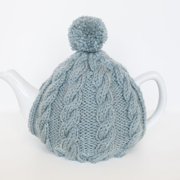 Blue hand knit tea cosy - Pom pom tea cosy - Teapot cover & warmer