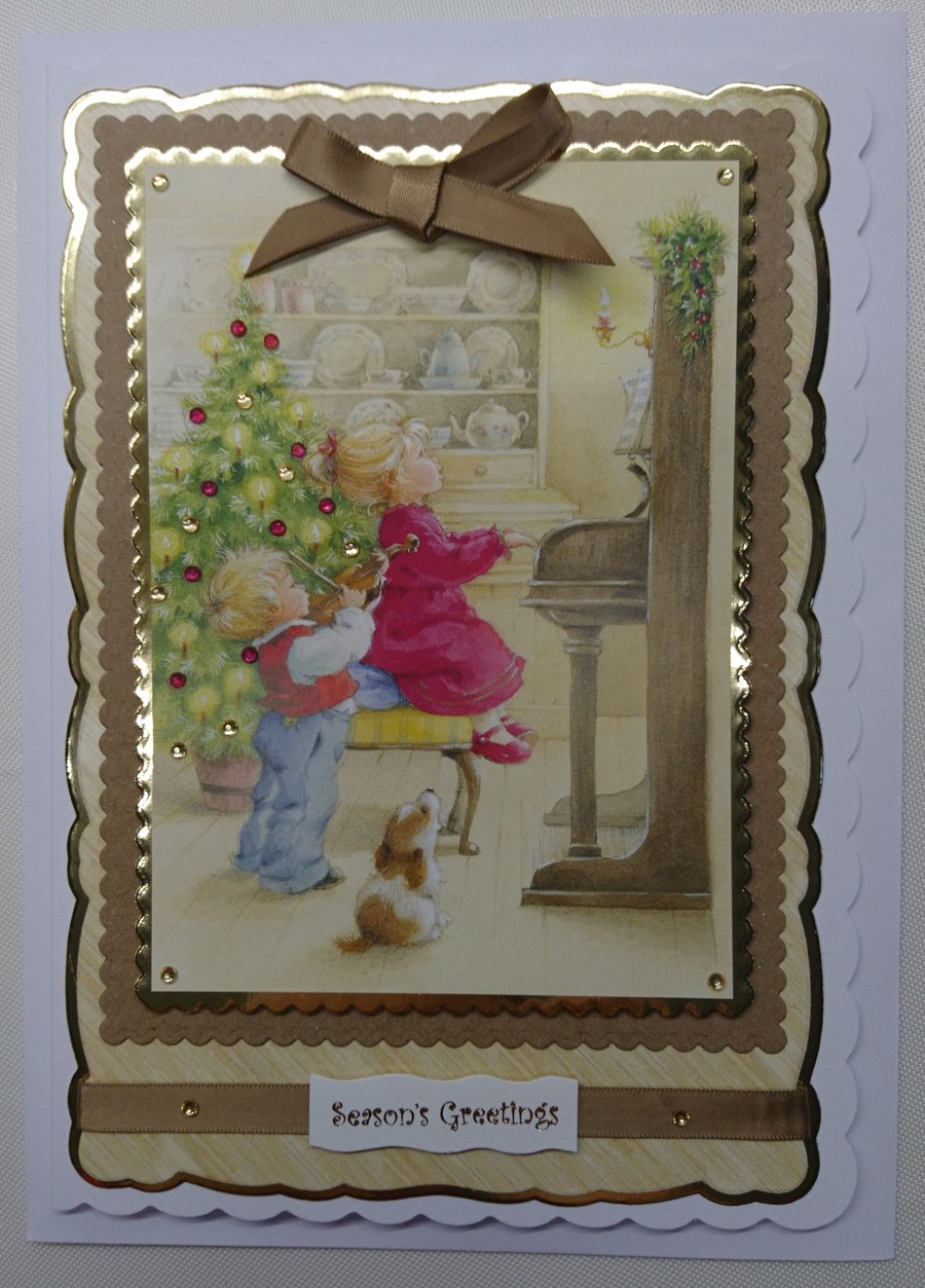 Handmade Christmas Card Vintage Music Piano Violin Carol Singing Puppy