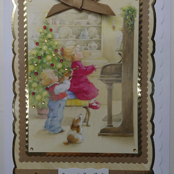 Handmade Christmas Card Vintage Music Piano Violin Carol Singing Puppy