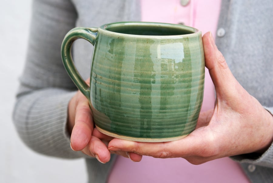 Two tankard style stoneware pottery tea mugs - hand thrown and glazed in green