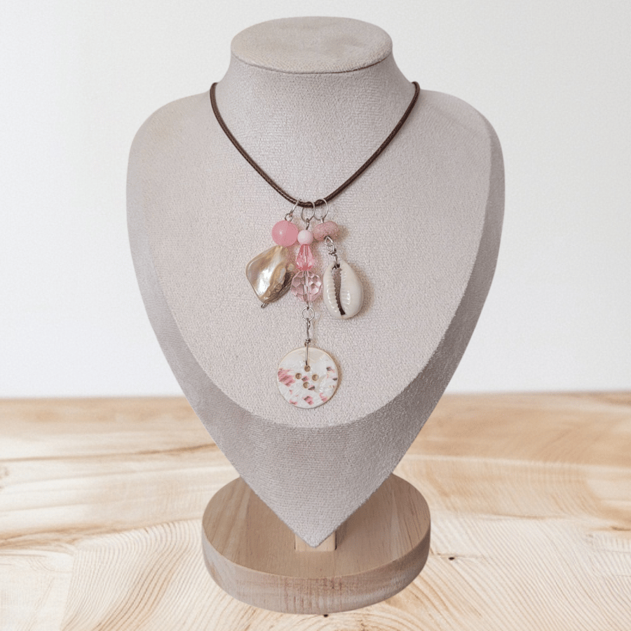 Pink Seashell and Button Charm Necklace - made in Sussex 