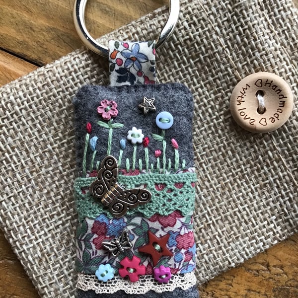 Liberty fabric felt lace charm keyring fob