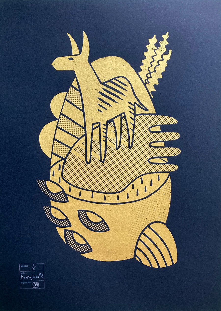 Donkey Icon No.2 A2 linocut screen-print (gold ink on black paper)