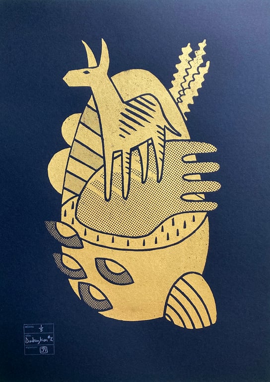 Donkey Icon No.2 A2 linocut screen-print (gold ink on black paper)