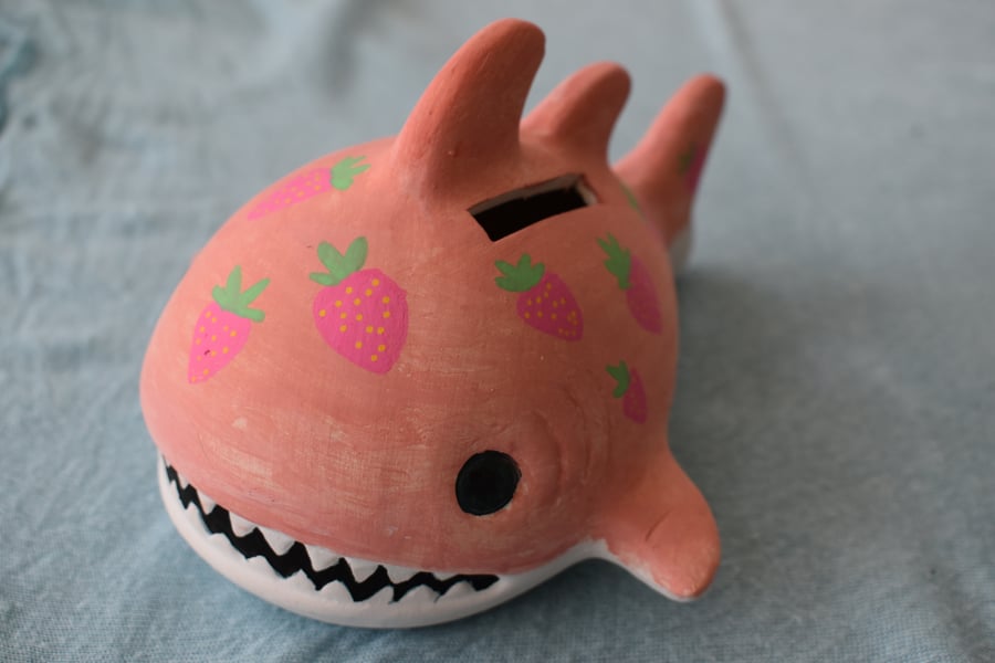 Ceramic Hand-Painted Pink Shark Money Box with Strawberry Design - Free Postage 