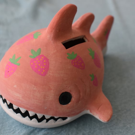 Ceramic Hand-Painted Pink Shark Money Box with Strawberry Design - Free Postage 