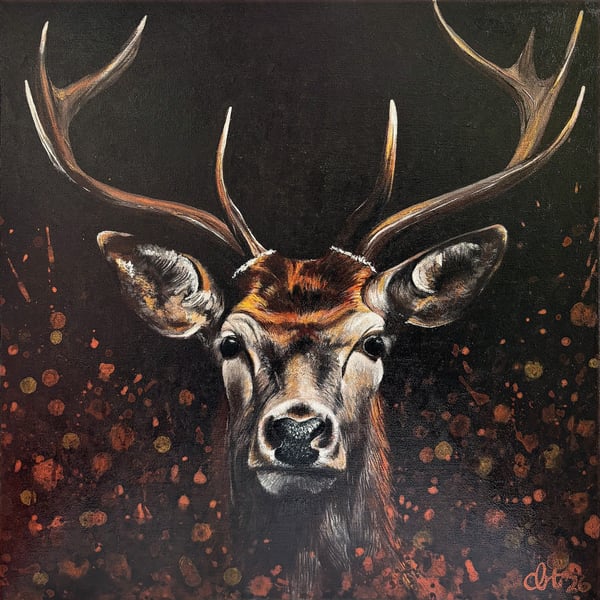 Highland Stag Painting - Original Acrylic Wildlife Art with Copper Highlights