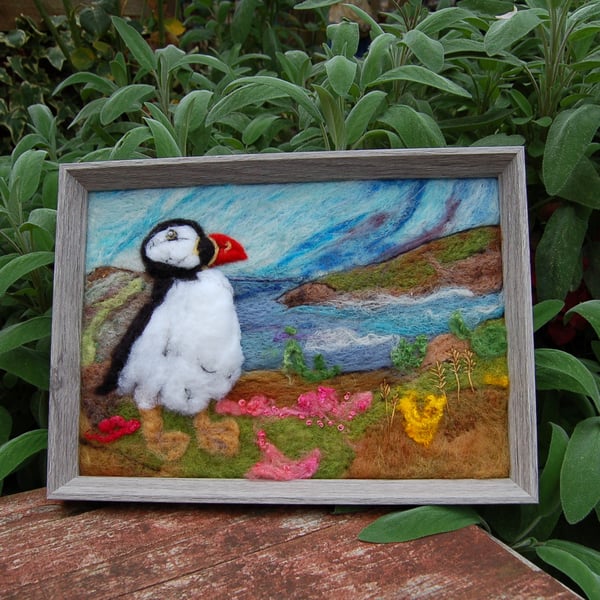  Puffin on the cliffs - Needle felt picture, textile art