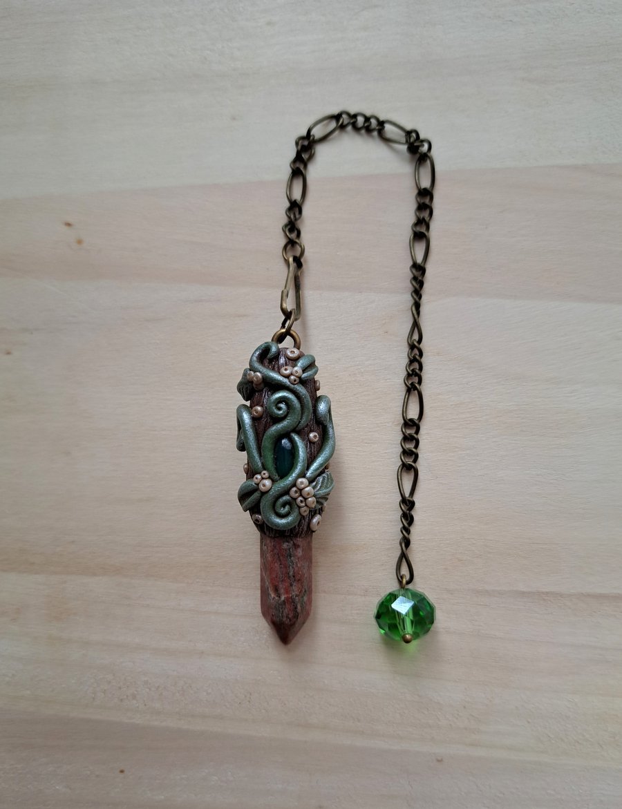 Dragon Blood Jasper Aventurine Crystal and Polymer Clay Dowsing Pendulum Amulet