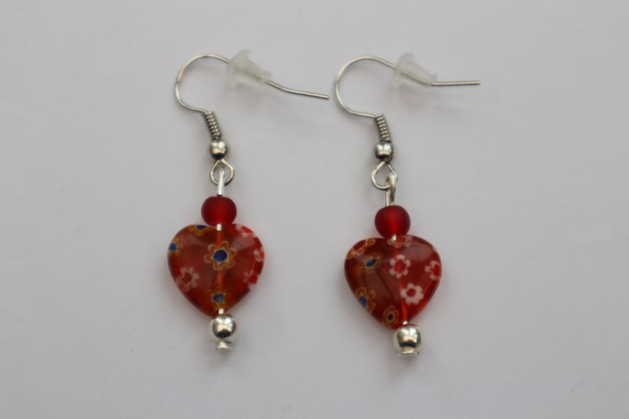 Silver plated beaded earrings- red millefiori heart