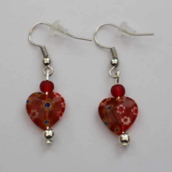 Silver plated beaded earrings- red millefiori heart