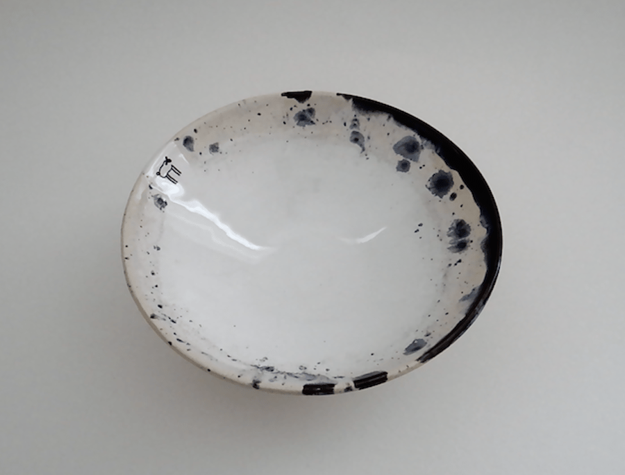 Ceramic bowl with lamb sheep in white blue and black - handmade pottery