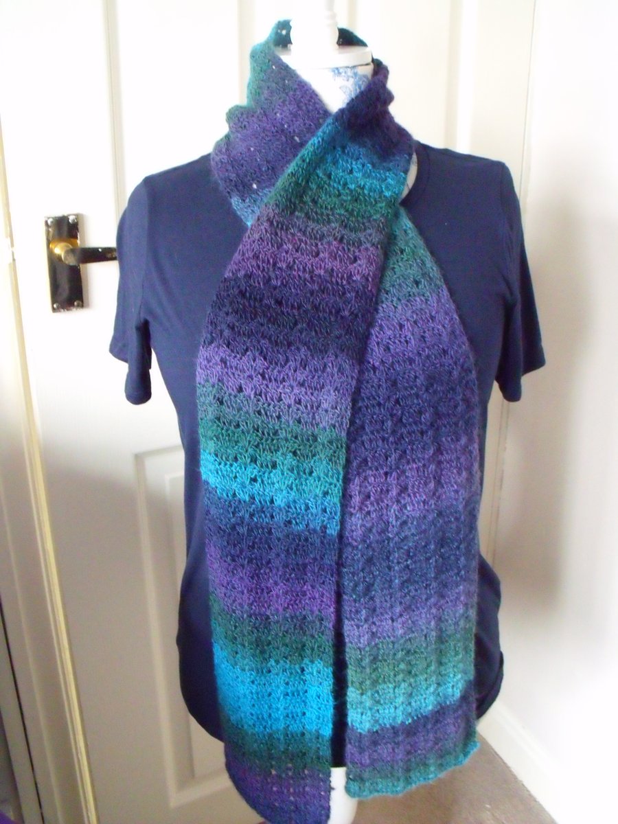 purple and turquoise crocheted scarf, neck warmer