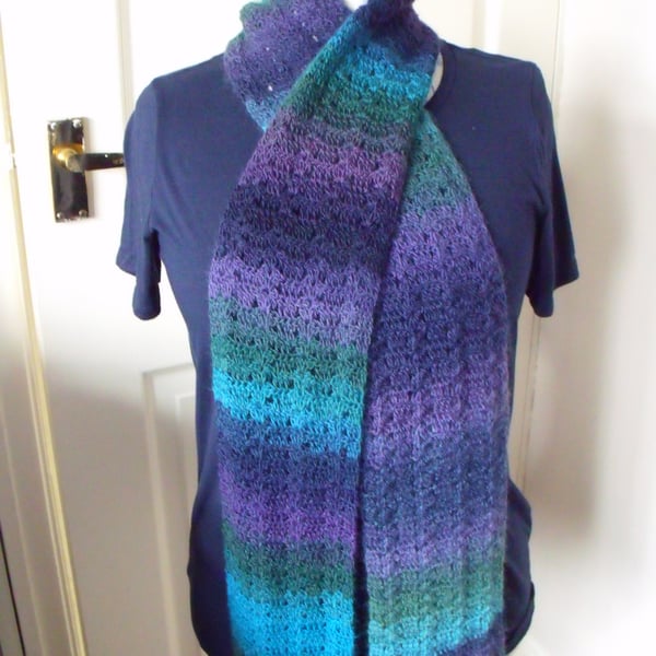 purple and turquoise crocheted scarf, neck warmer