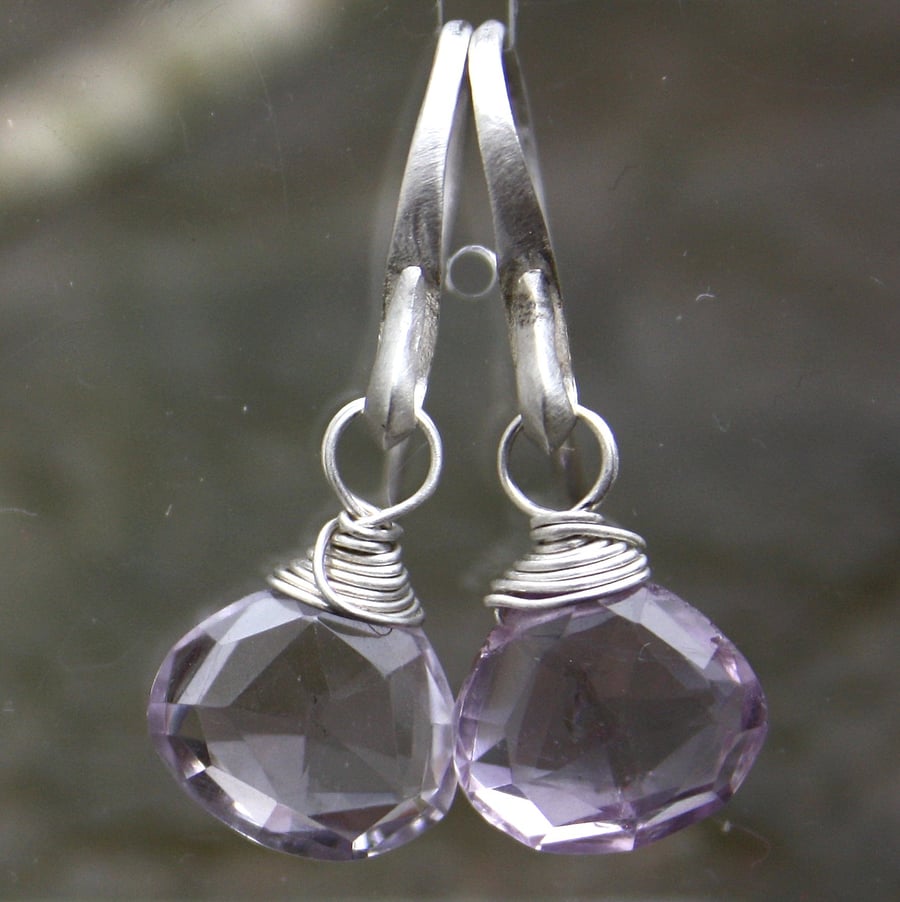 Sparkly amethyst earrings, pale pinky purple wire wrapped drops.
