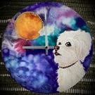 glass wall clock , white dog , blue and gold moon original abstract art painting