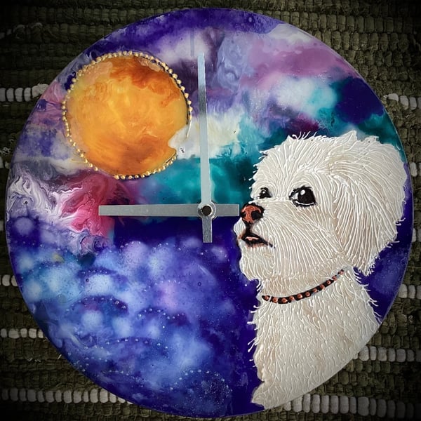 glass wall clock , white dog , blue and gold moon original abstract art painting