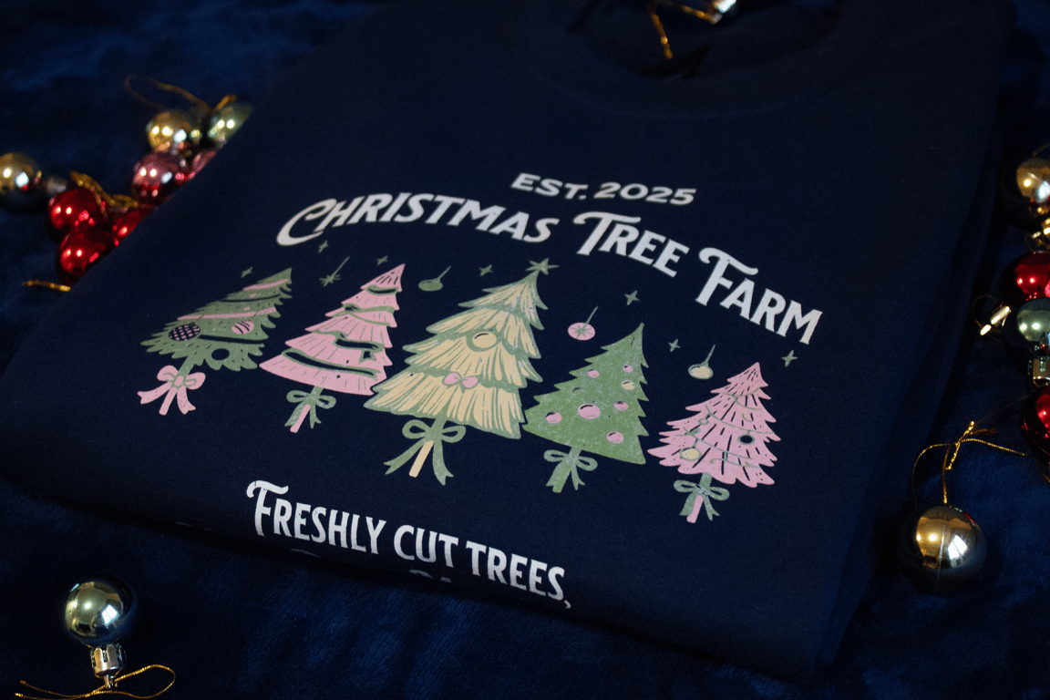 Christmas Tree Farm Sweatshirt available in Navy and Sand