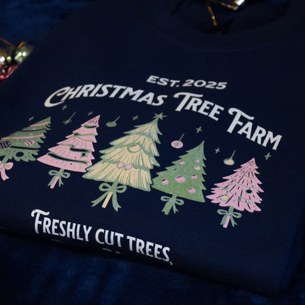 Christmas Tree Farm Sweatshirt available in Navy and Sand
