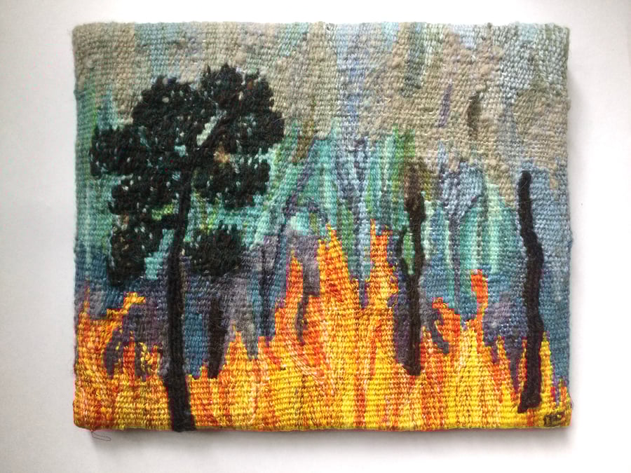 Mounted handwoven tapestry weaving,  textile art in blue, green and orange