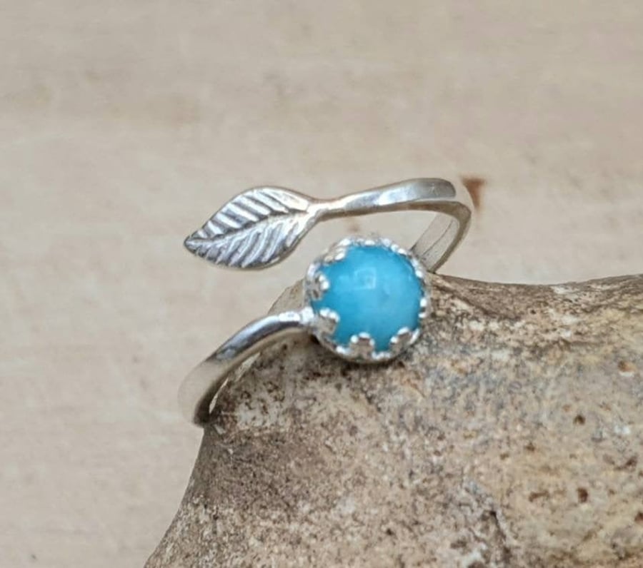 Amazonite leaf ring. Adjustable 925 sterling silver rings for women