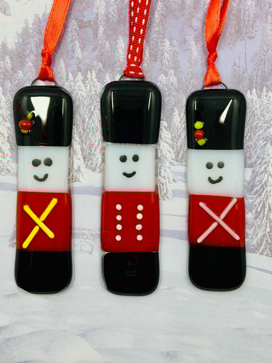 Three Handmade Fused Glass Soldier Hanging Christmas Decorations
