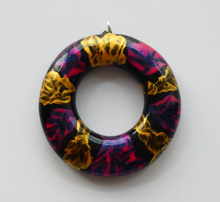Multicoloured Wooden Pink, Gold and Black Circle Pendant Necklace