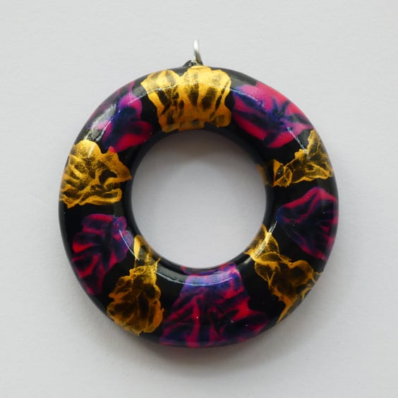 Multicoloured Wooden Pink, Gold and Black Circle Pendant Necklace