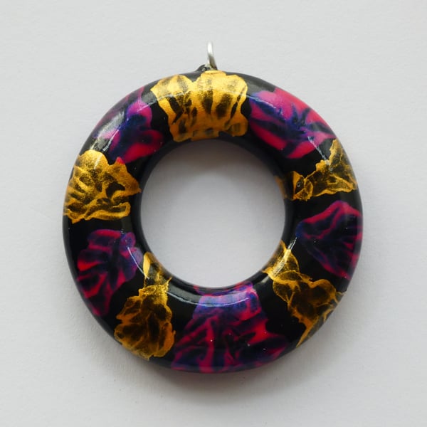 Multicoloured Wooden Pink, Gold and Black Circle Pendant Necklace