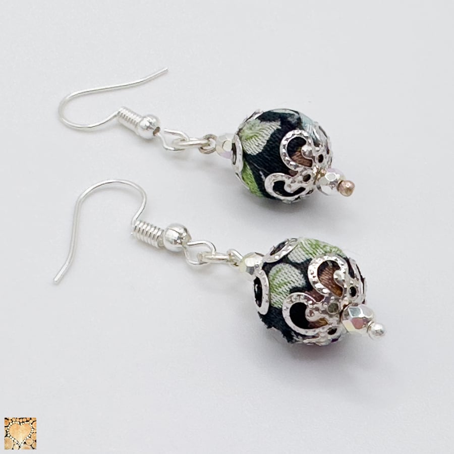 Fabric Covered Bead Silver Plated Earrings