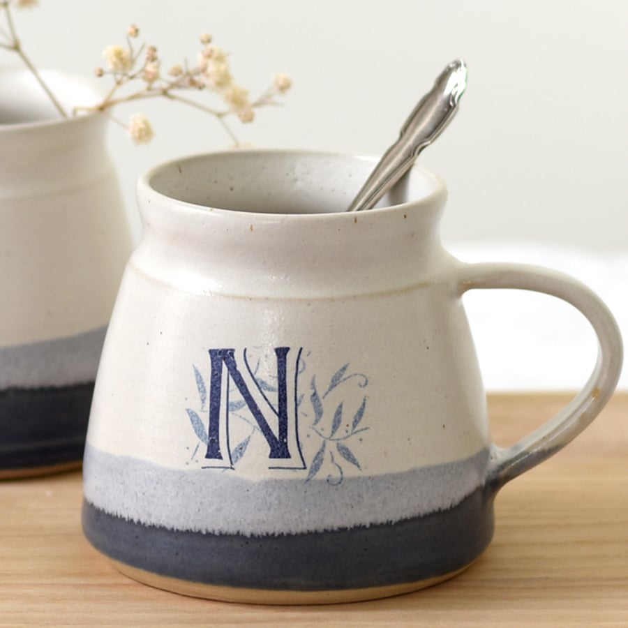 Handmade blue and white monogram ceramic mug, personalised ceramics 
