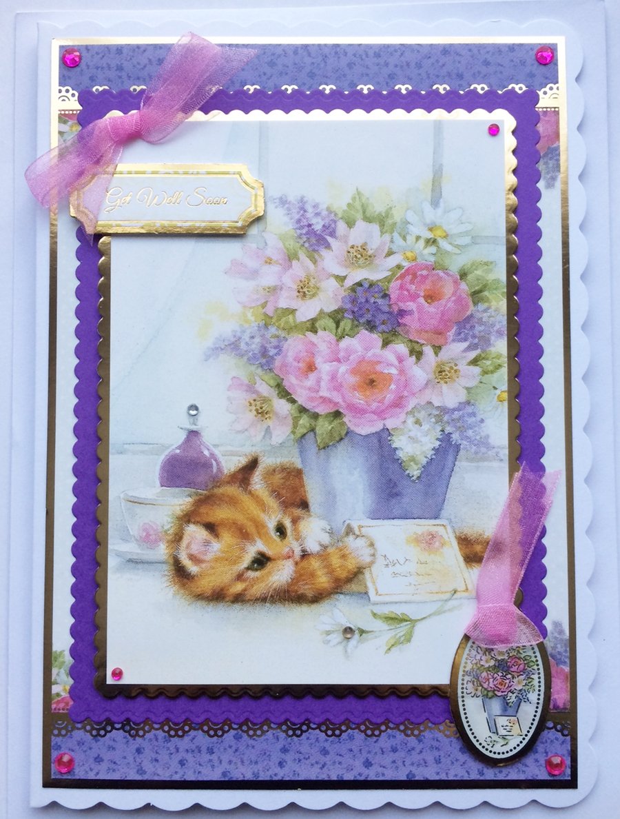 Get Well Card Get Well Soon Cute Cat Kitten with Flowers 3D Luxury Handmade Card