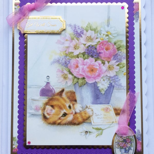 Get Well Card Get Well Soon Cute Cat Kitten with Flowers 3D Luxury Handmade Card