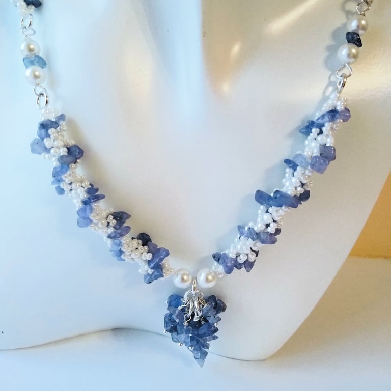 Genuine Tanzanite and Shell Pearl Hand Beaded Tassel Necklace 18 - 19 Inch