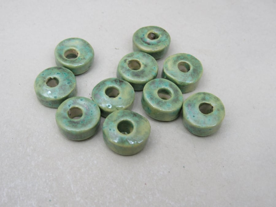 10 Small Verdigris Glazed Ceramic Washer Beads