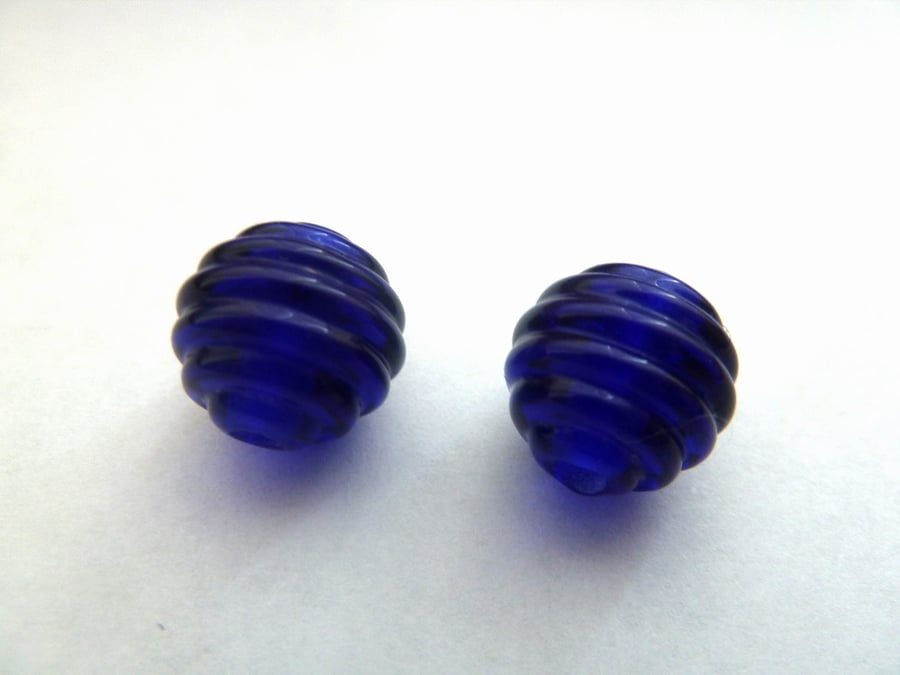handmade lampwork glass beads, blue ribbed pair