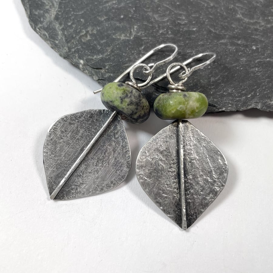 Large oxidised silver and green serpentine leaf spear earrings