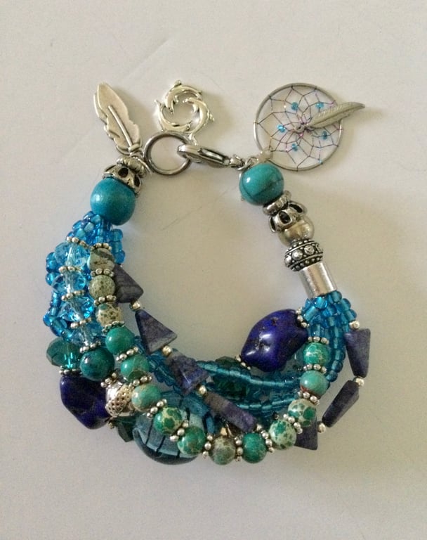 Blue green multistrand semiprecious stone cuff bracelet 