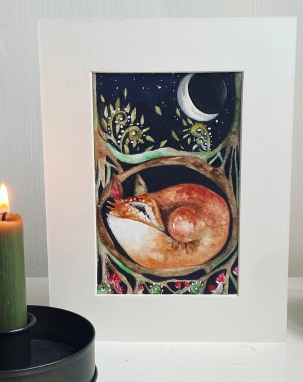 Original Resting Whimsical Fox in Burrow under the Moon Watercolour 