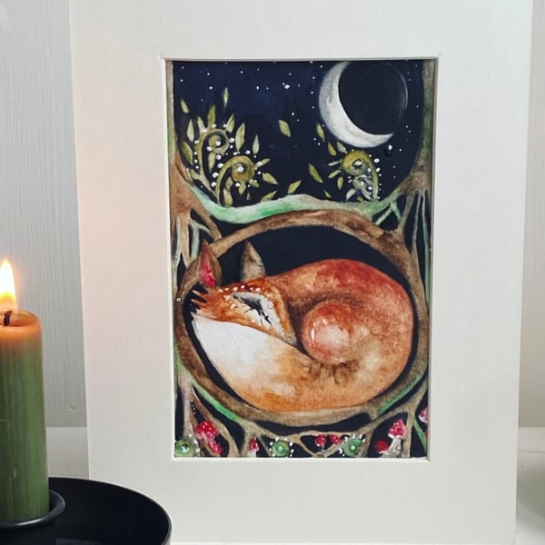 Original Resting Whimsical Fox in Burrow under the Moon Watercolour 