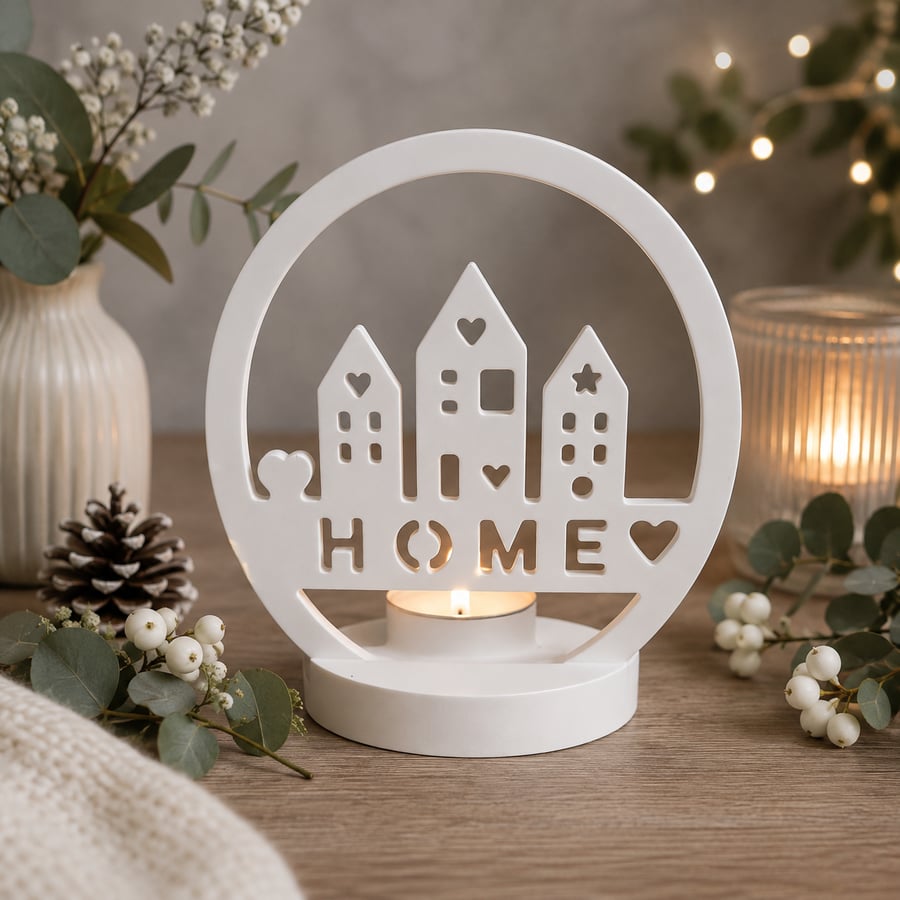 Scandi Style 'Home' Decorative Tealight Holder Ornament. Simple But Elegant